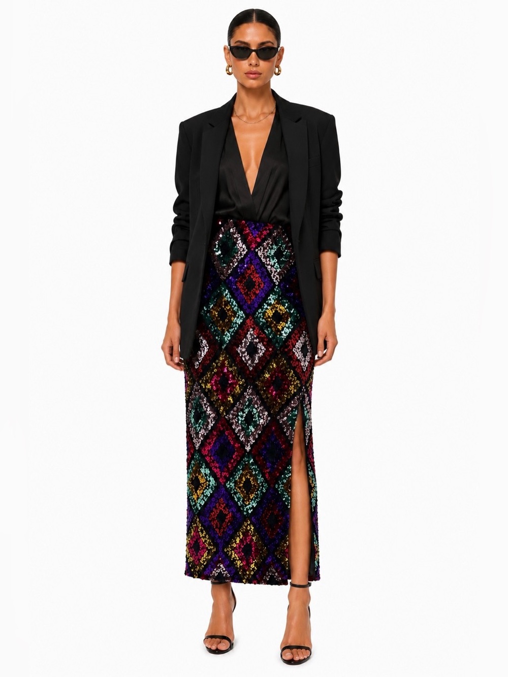 Topshop Velvet Sequin Diamond Art Deco Glam Maxi Skirt US 10 M Stretch Slit